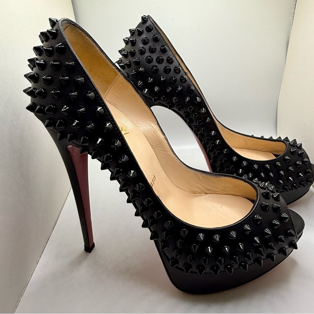 Christian Louboutin Black Leather Lady Peep Spike Pumps